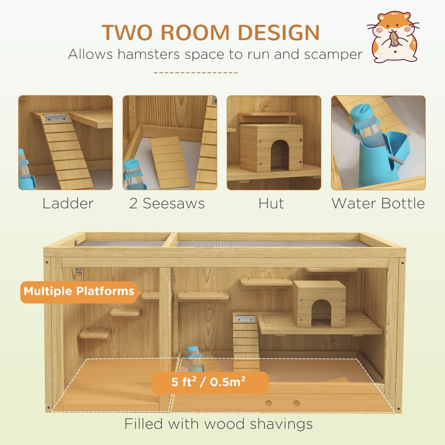 Pawhut Wooden Hamster Cage with Water Bottle, Platforms, Openable Roof