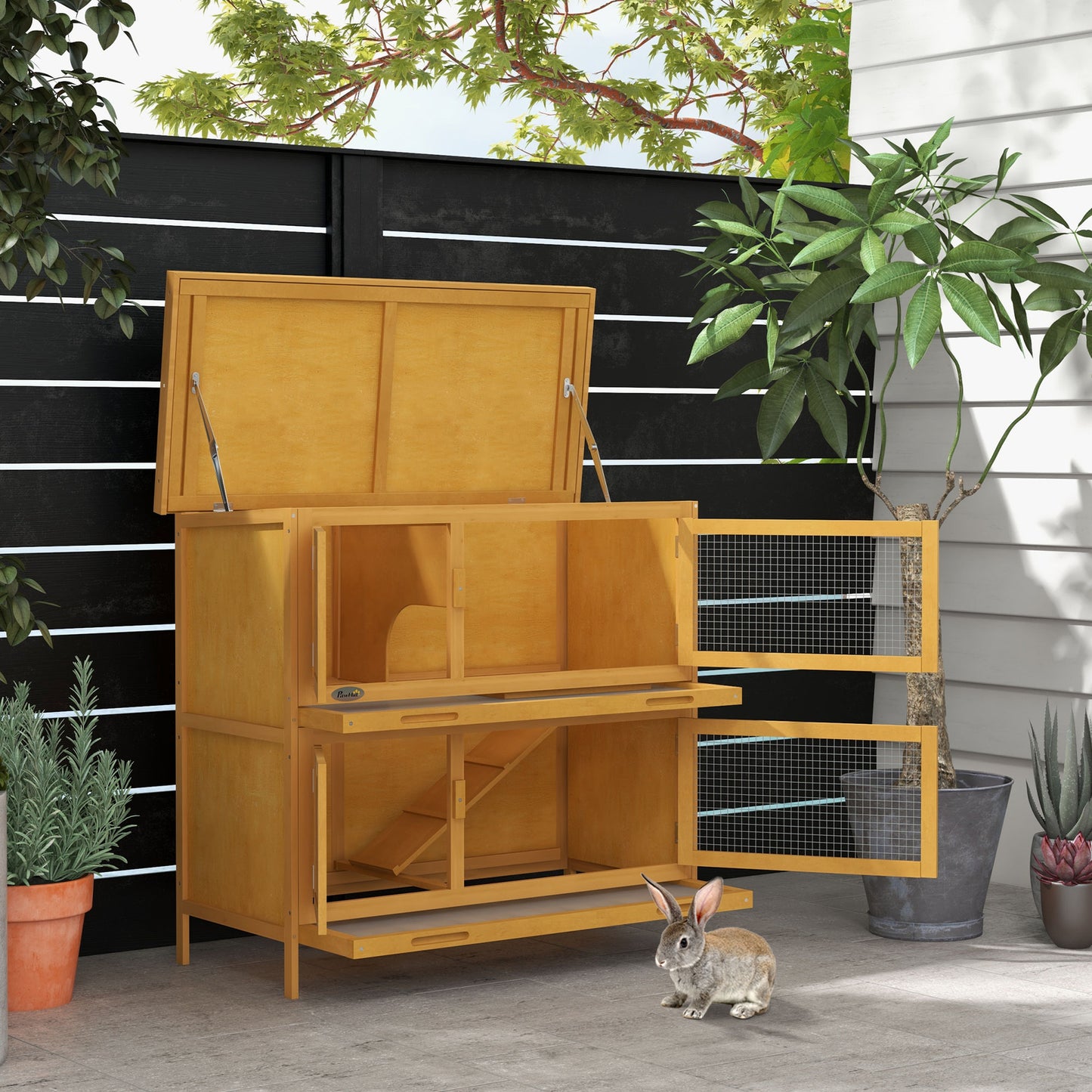 Pawhut Double Decker Rabbit Hutch Bunny Cage Pet House Outdoor W/ Tray, Yellow