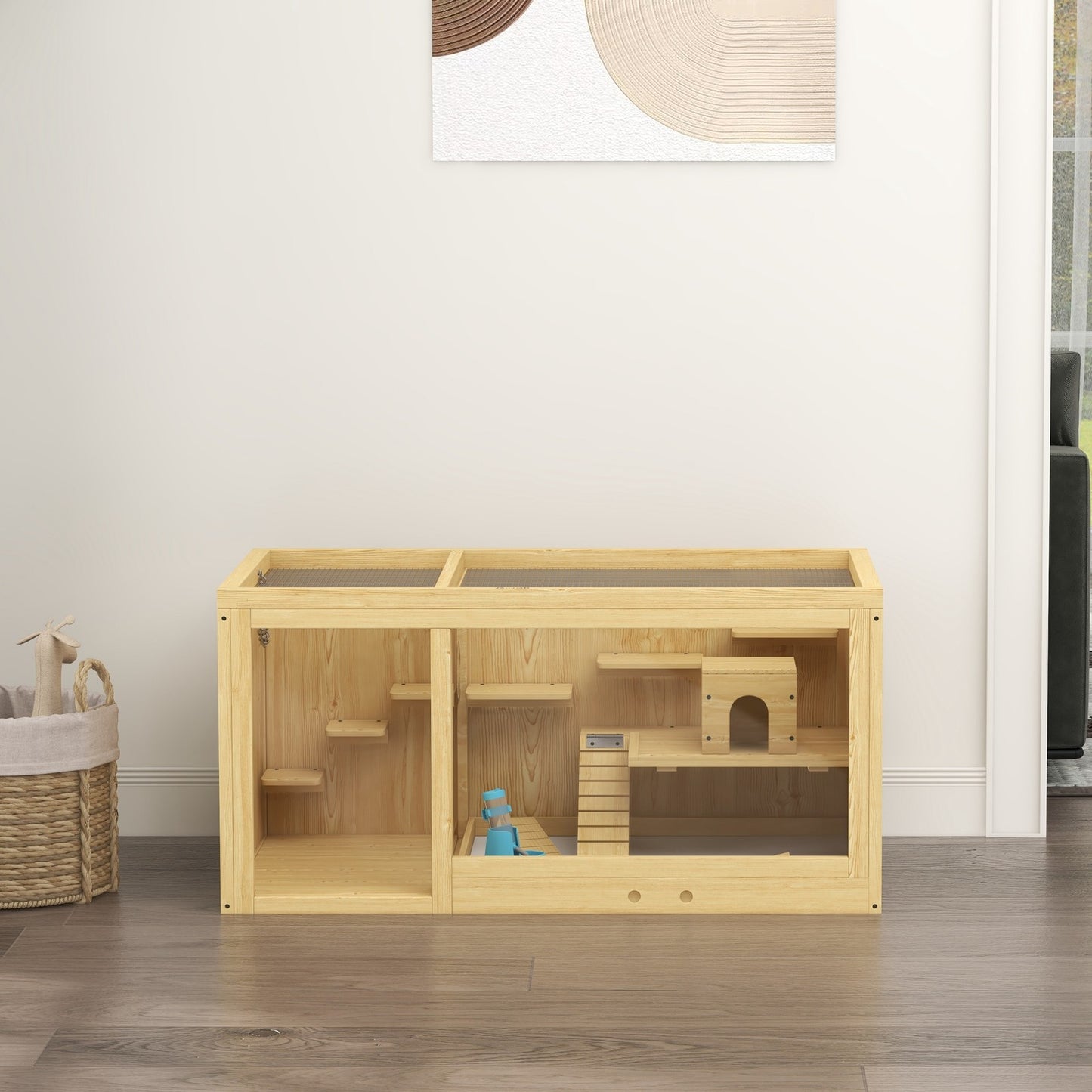 Pawhut Wooden Hamster Cage with Water Bottle, Platforms, Openable Roof