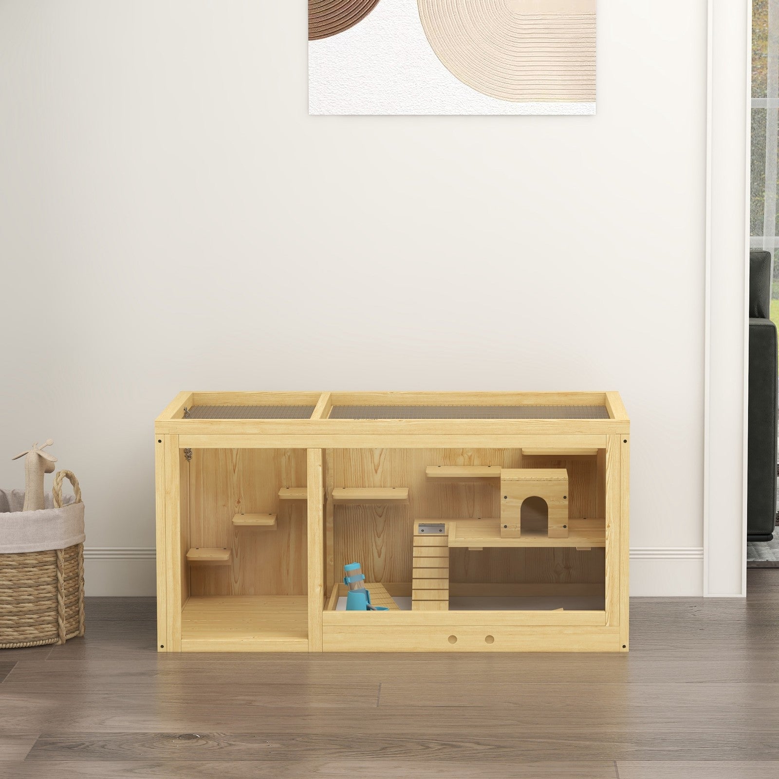 Pawhut Wooden Hamster Cage with Water Bottle, Platforms, Openable Roof