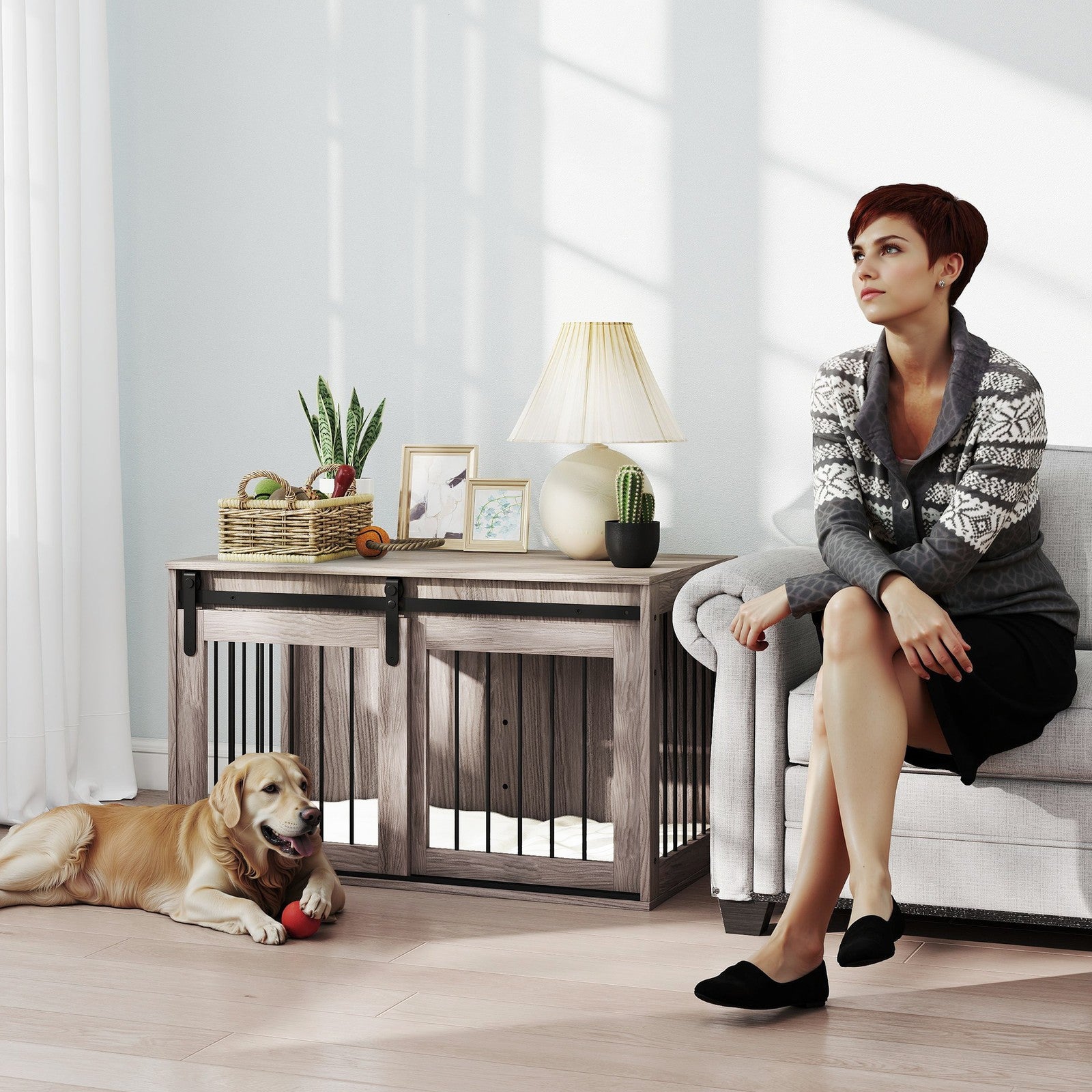 Pawhut Dog Crate Furniture with Removable Cushion for Large Dogs - Brown