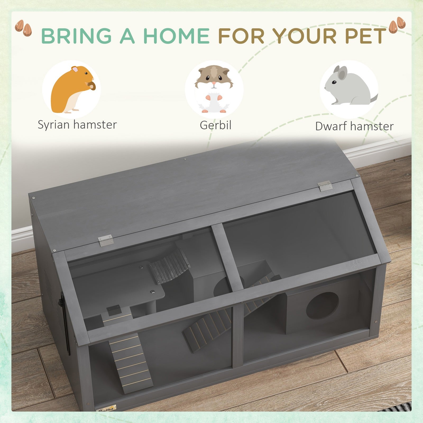 Pawhut Wooden Hamster Cage for Gerbils W/ Suspension Bridge, Ladders