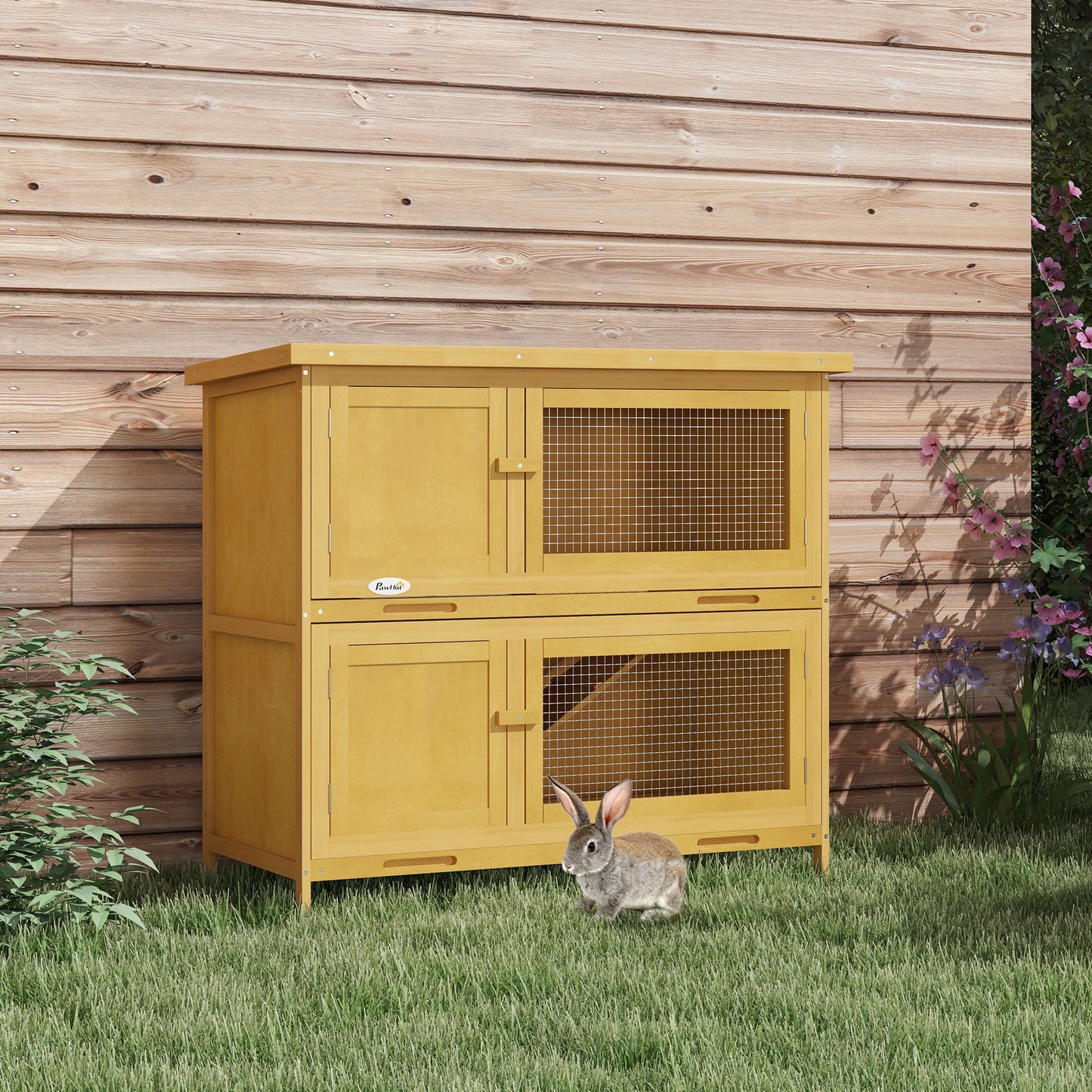 Pawhut Double Decker Rabbit Hutch Bunny Cage Pet House Outdoor W/ Tray, Yellow