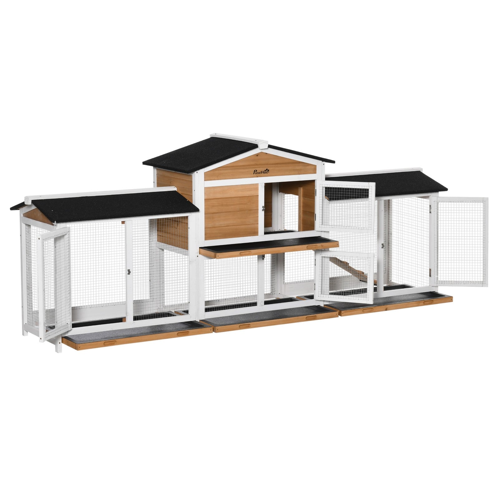 Pawhut Rabbit Hutch, 2-Tier Guinea Pig Hutch, W/ Two Runs, Pull-Out Tray