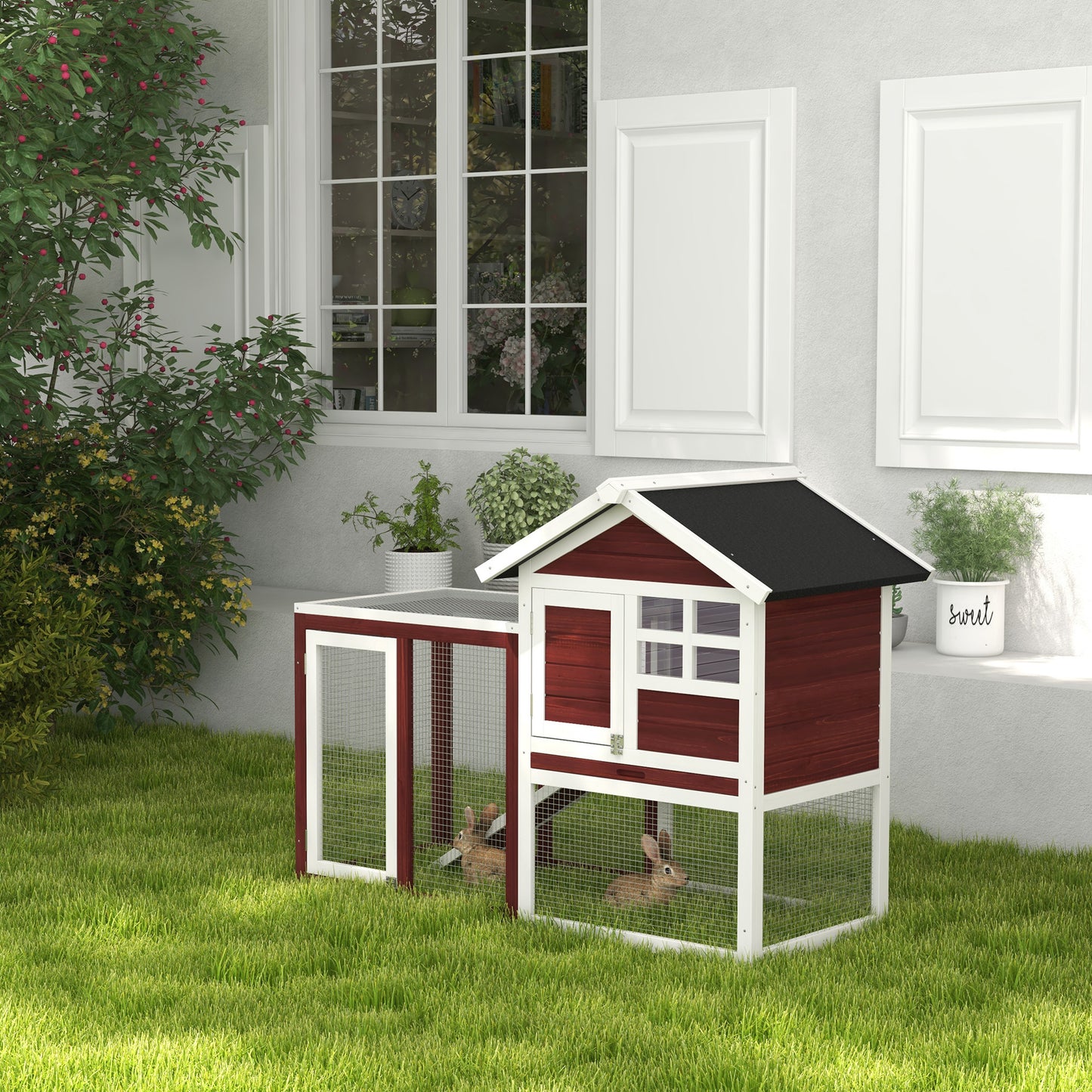 122Cm Rabbit Hutch Cage Bunny House Wooden Habitat Pet Small Animal W/ Tray Ramp