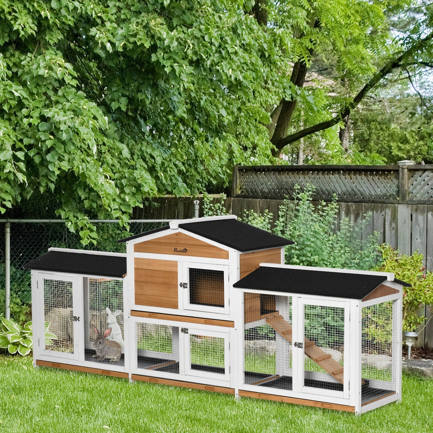 Pawhut Rabbit Hutch, 2-Tier Guinea Pig Hutch, W/ Two Runs, Pull-Out Tray