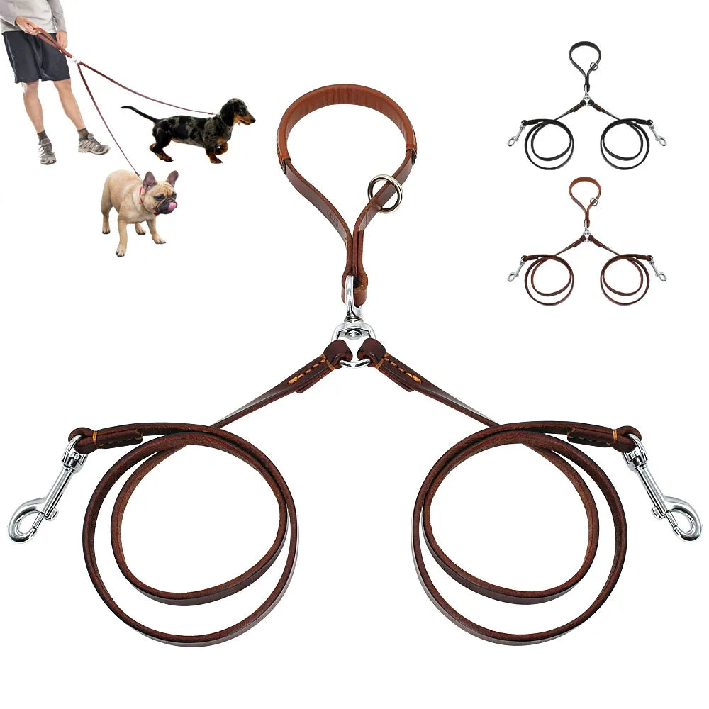 2 Ways Dog Leash Double Two Pet Leather Leads Notangle Coupler with Handle for Walking and Training 2 Small Medium Dogs