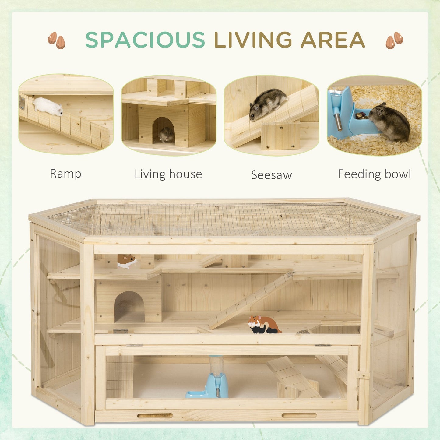 Pawhut 3 Tier Wooden Hamster Cage Gerbil Play Centre W/ Sliding Tray Ramps