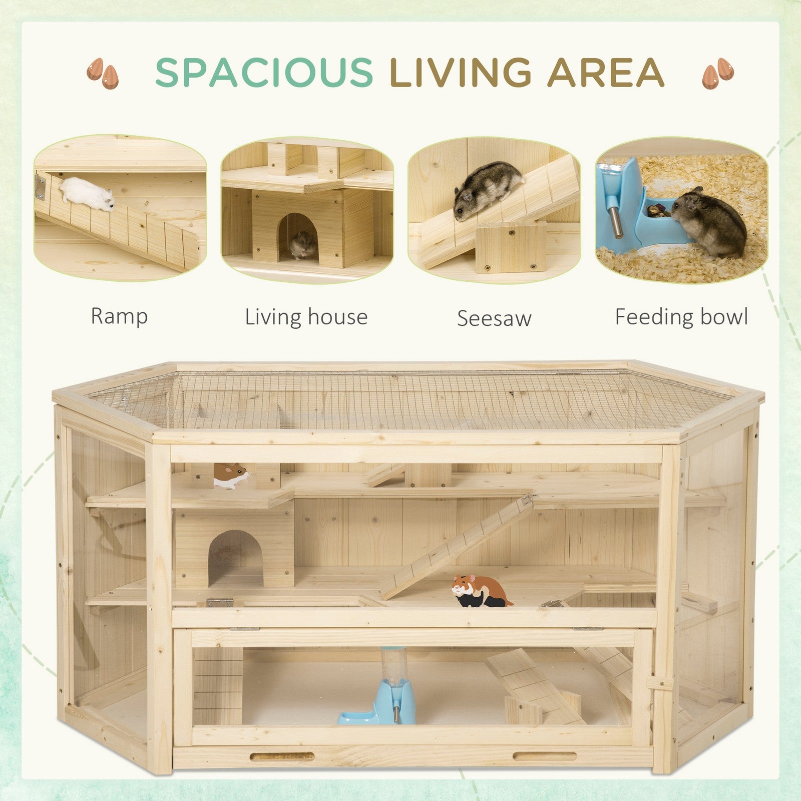 Pawhut 3 Tier Wooden Hamster Cage Gerbil Play Centre W/ Sliding Tray Ramps