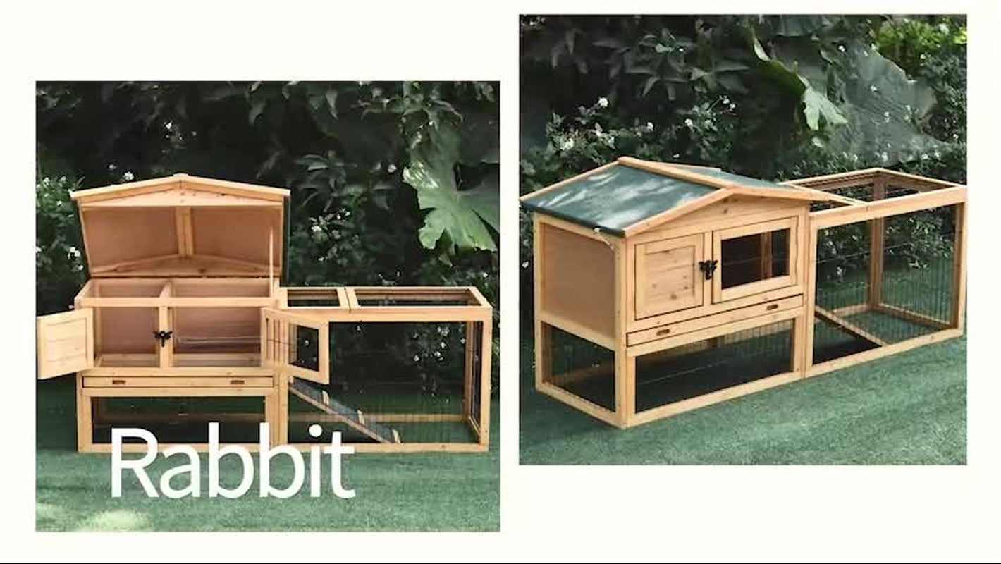 Pawhut Wooden Rabbit Hutch with Run, Asphalt Roof, Pull-Out Tray, Ramp, Yellow