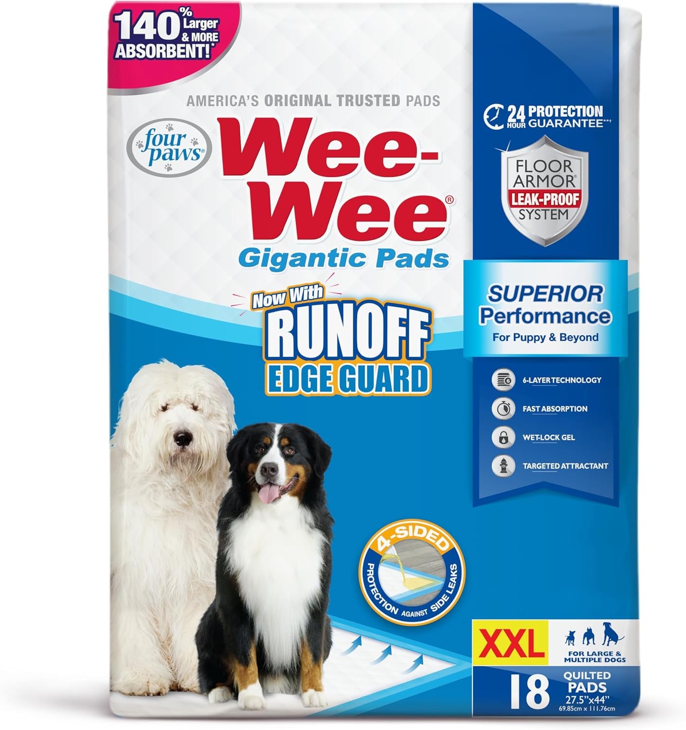 Wee-Wee Superior Performance Pee Pads for Dogs & Puppies, with 6-Layer Leak Proof Technology, for House Training – Gigantic, 69.85Cm X 111.76Cm (27.5" X 44"), (18 Count)