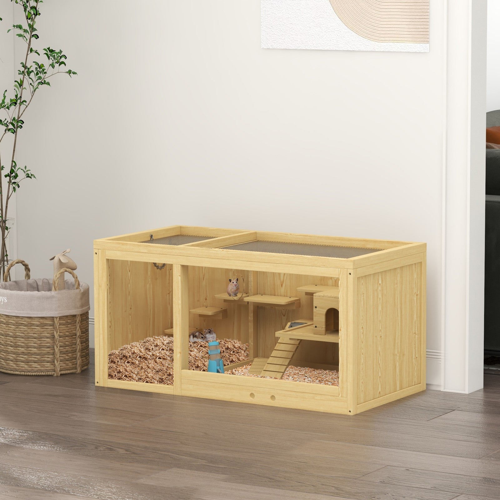 Pawhut Wooden Hamster Cage with Water Bottle, Platforms, Openable Roof