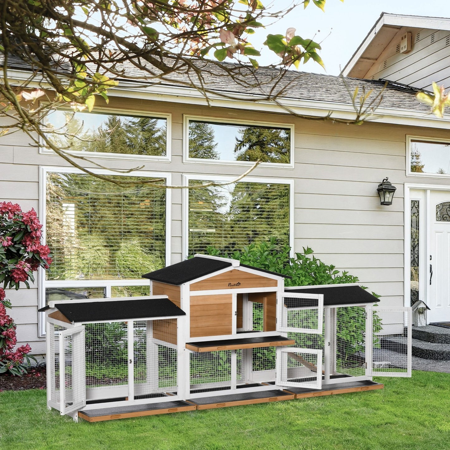 Pawhut Rabbit Hutch, 2-Tier Guinea Pig Hutch, W/ Two Runs, Pull-Out Tray
