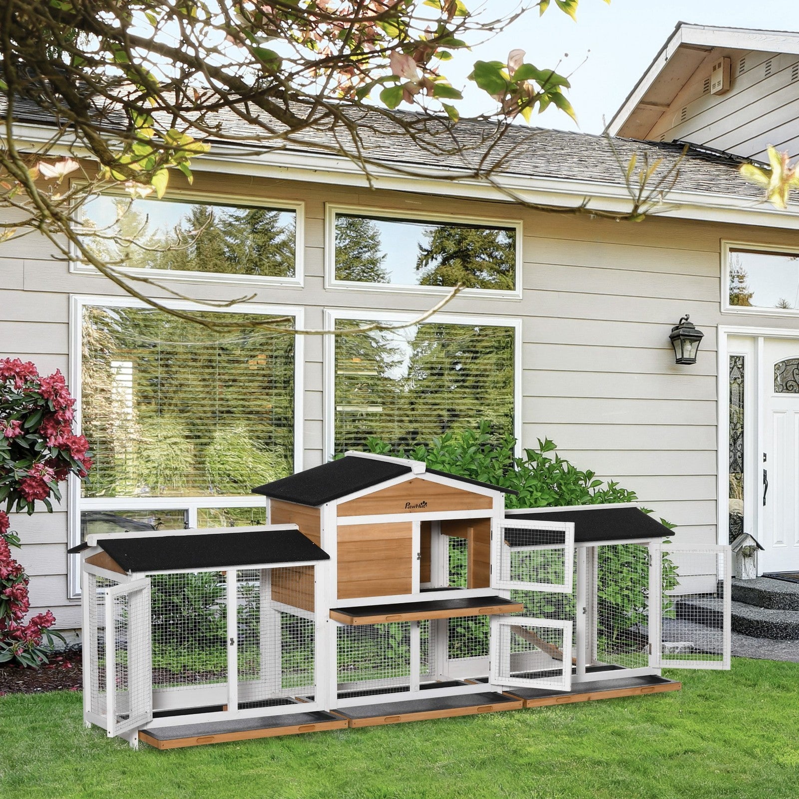 Pawhut Rabbit Hutch, 2-Tier Guinea Pig Hutch, W/ Two Runs, Pull-Out Tray
