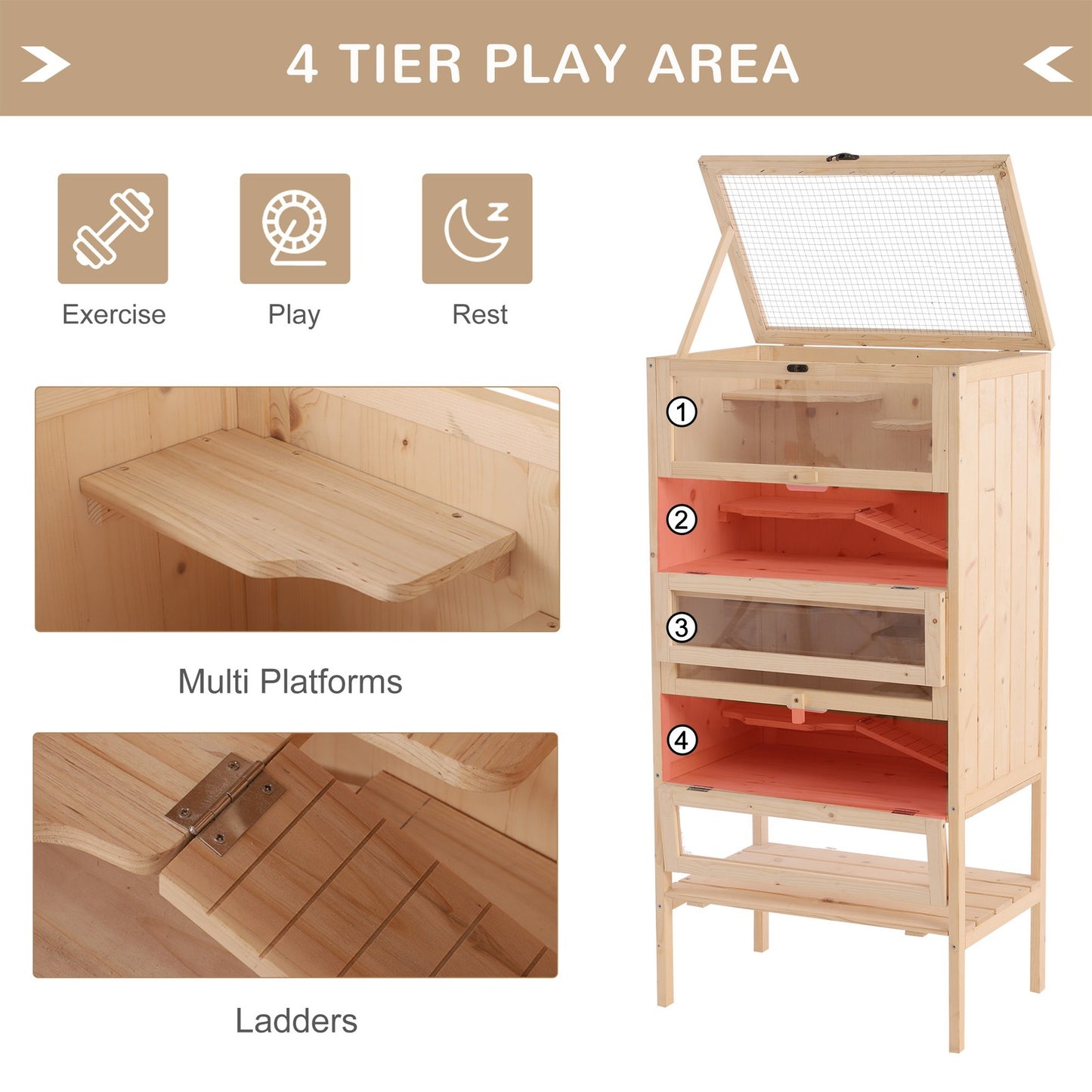 Pawhut Hamster Cage Wooden Mouse Rodent Small Pet Animals Tall 5-Tier Play