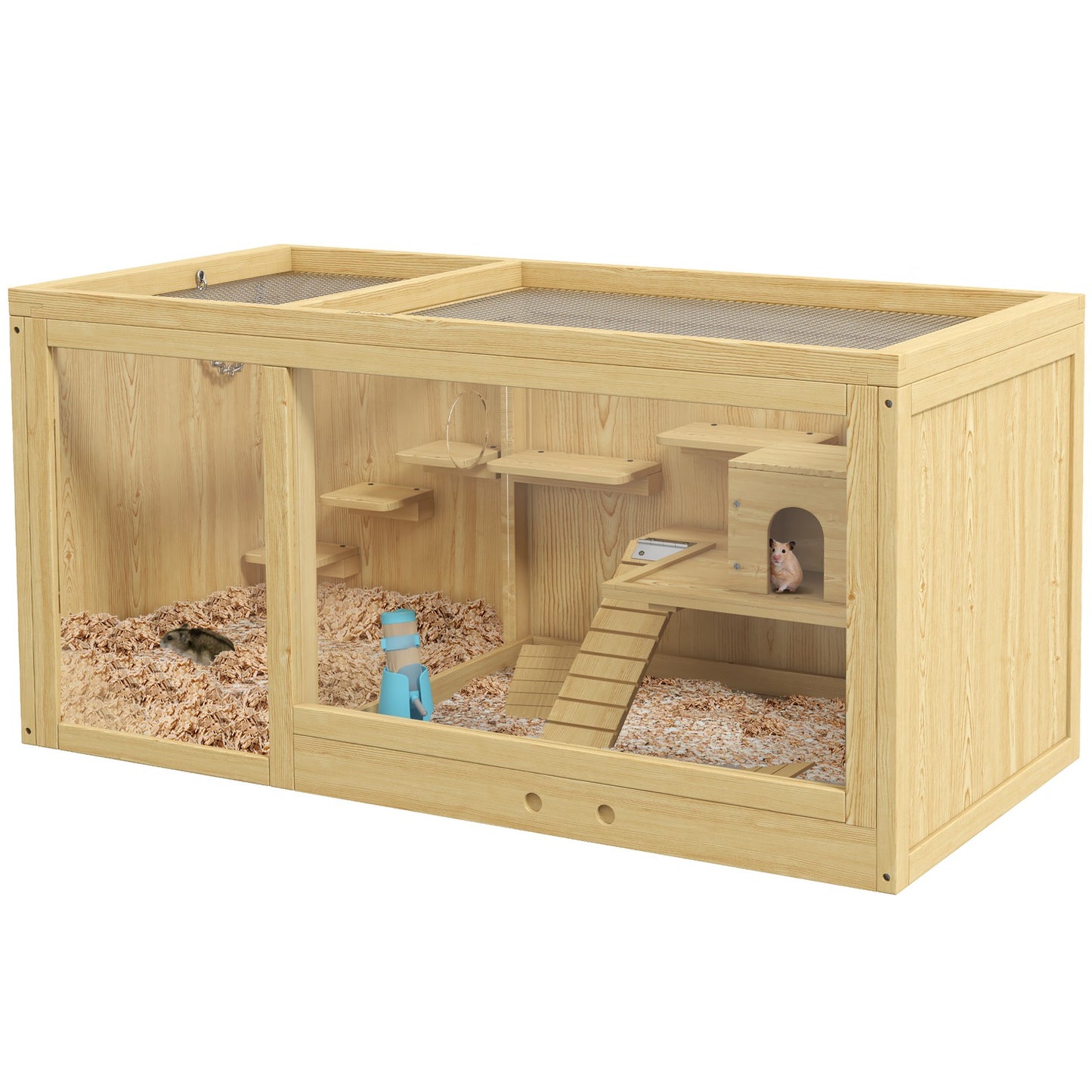 Pawhut Wooden Hamster Cage with Water Bottle, Platforms, Openable Roof