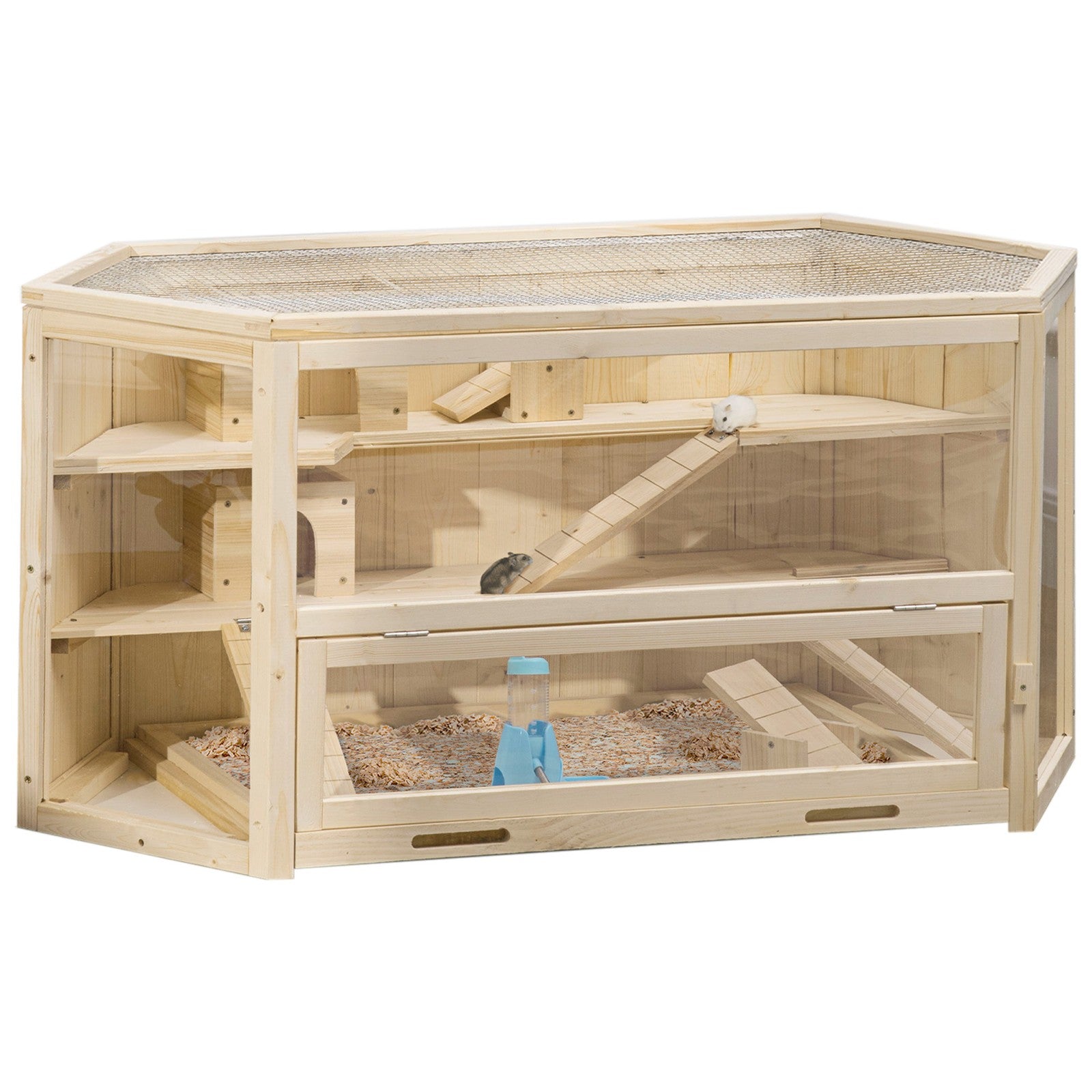 Pawhut 3 Tier Wooden Hamster Cage Gerbil Play Centre W/ Sliding Tray Ramps