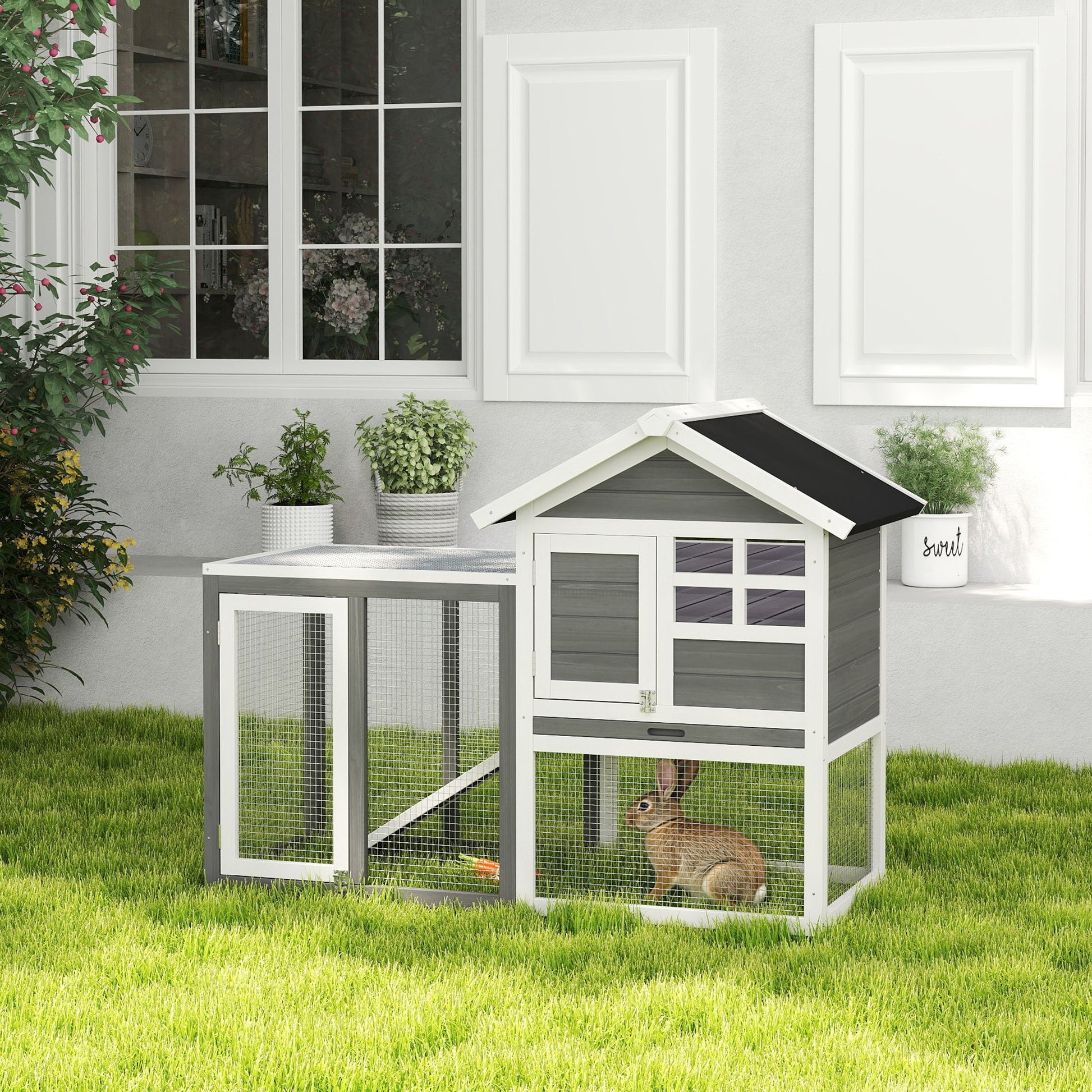 122Cm Rabbit Hutch Cage Bunny House Wooden Habitat Pet Small Animal W/ Tray Ramp