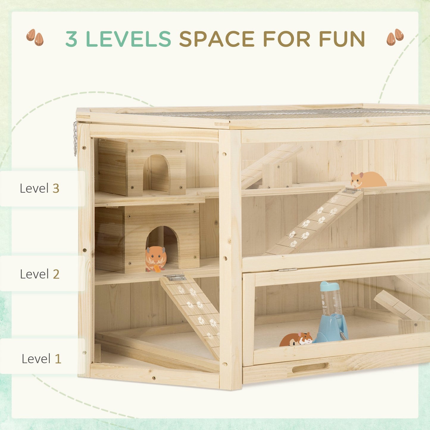 Pawhut 3 Tier Wooden Hamster Cage Gerbil Play Centre W/ Sliding Tray Ramps