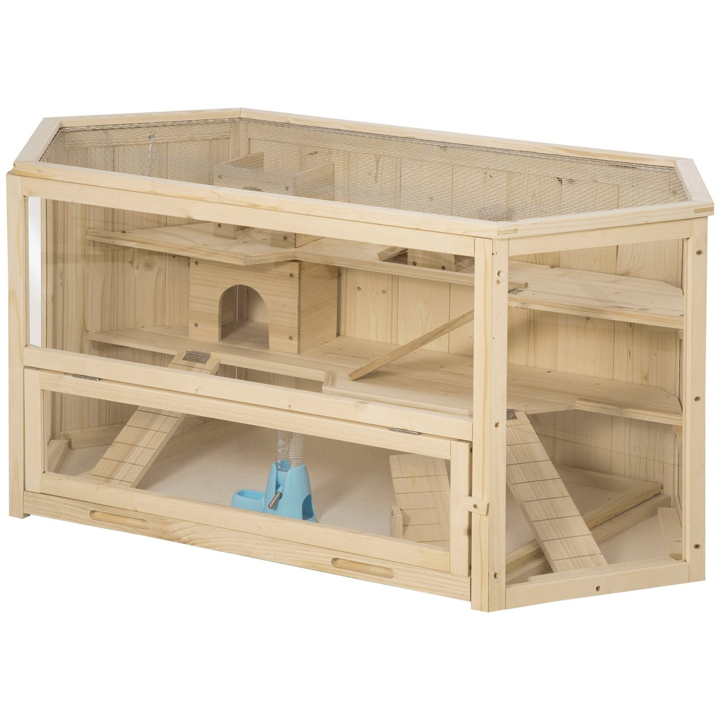 Pawhut 3 Tier Wooden Hamster Cage Gerbil Play Centre W/ Sliding Tray Ramps