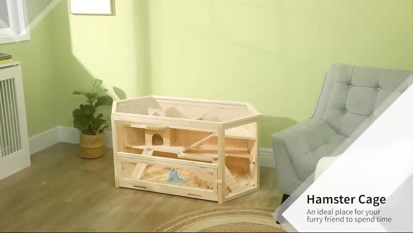 Pawhut 3 Tier Wooden Hamster Cage Gerbil Play Centre W/ Sliding Tray Ramps