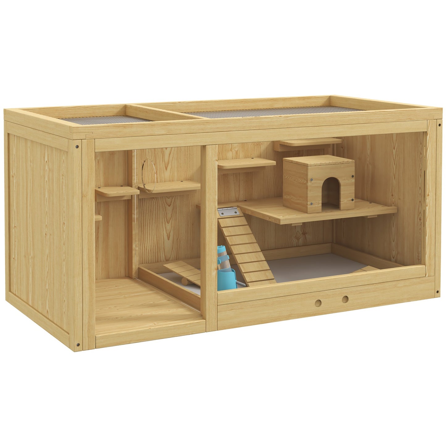 Pawhut Wooden Hamster Cage with Water Bottle, Platforms, Openable Roof