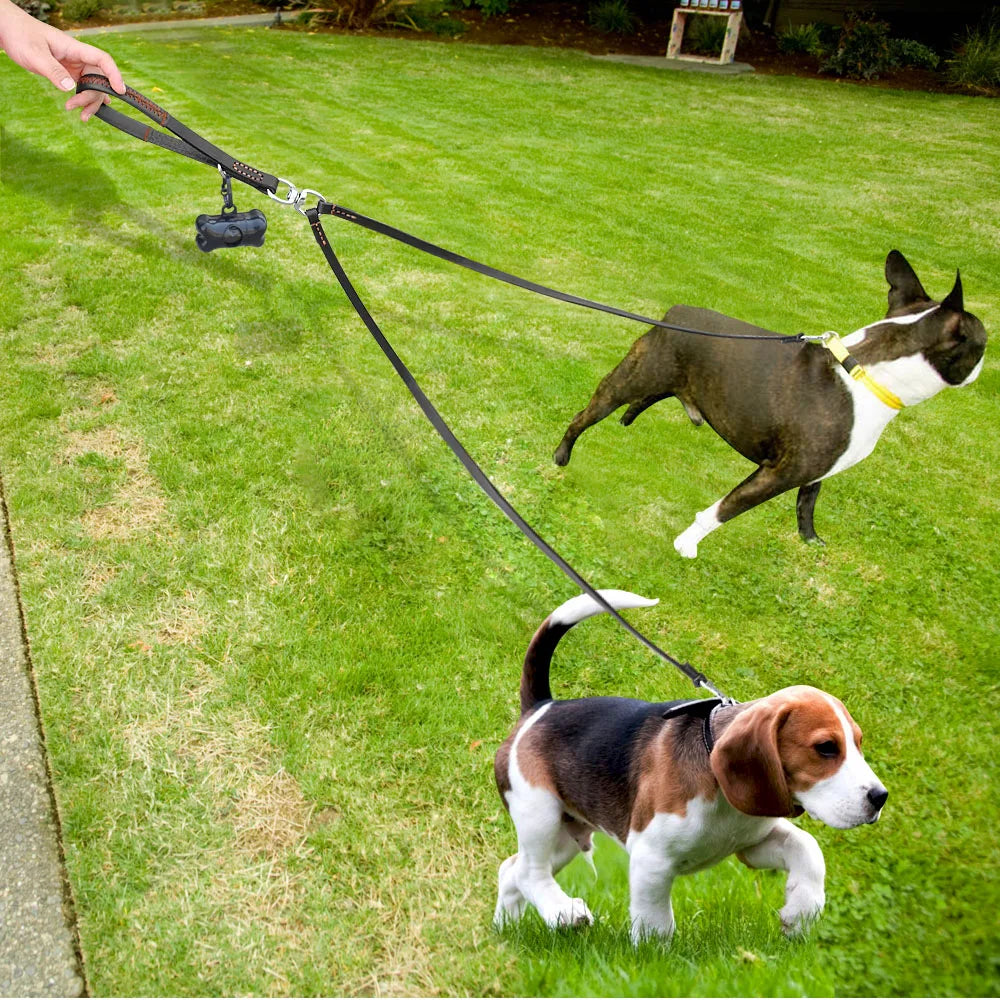 2 Ways Dog Leash Double Two Pet Leather Leads Notangle Coupler with Handle for Walking and Training 2 Small Medium Dogs