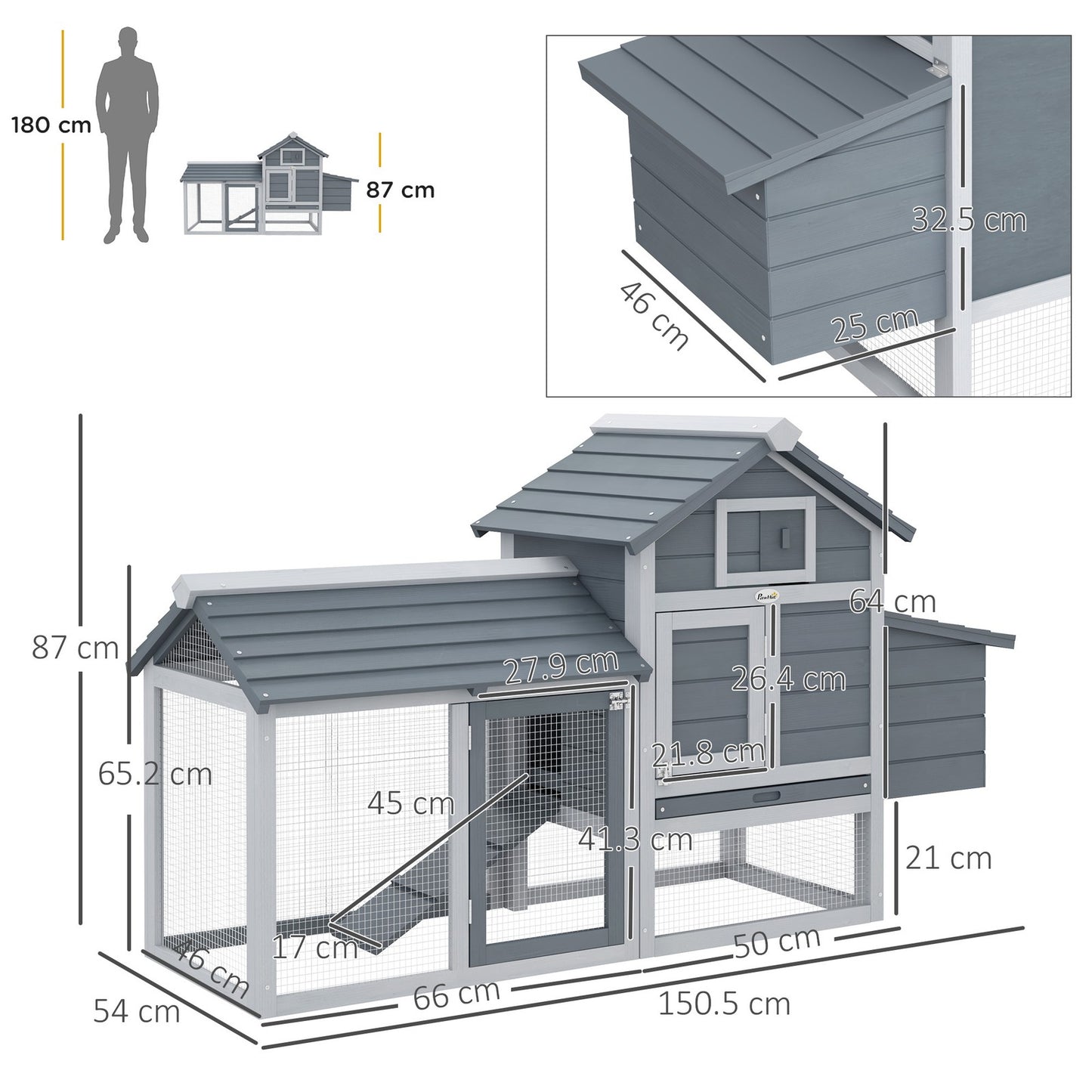 Pawhut Chicken Coop Hen Cage Small Animal Hutch Nesting Box Outdoor Run Grey