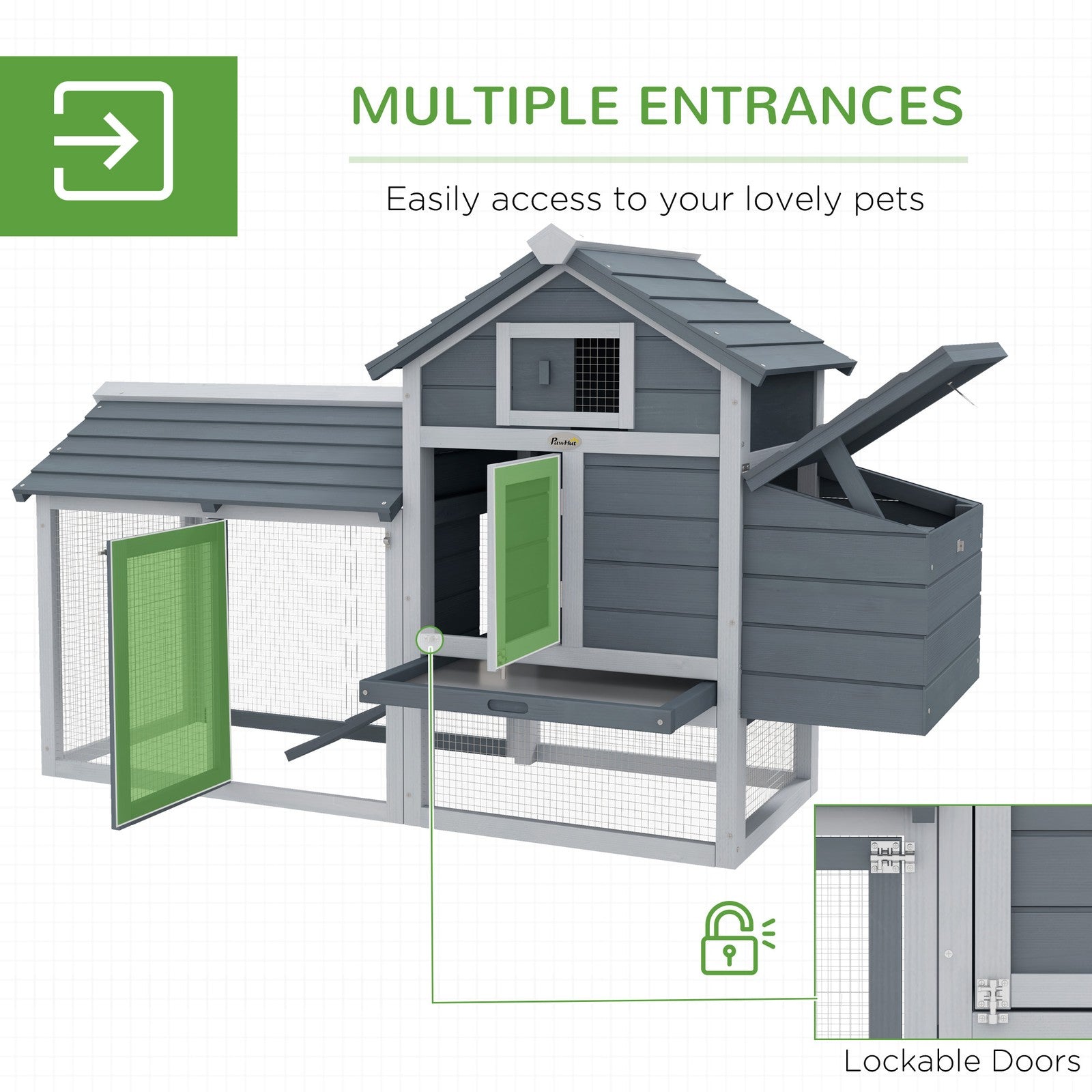 Pawhut Chicken Coop Hen Cage Small Animal Hutch Nesting Box Outdoor Run Grey