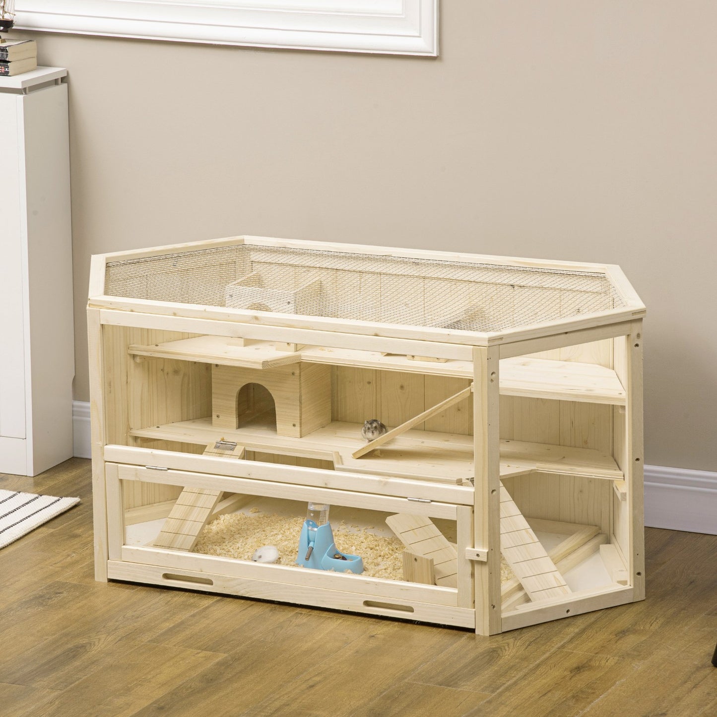 Pawhut 3 Tier Wooden Hamster Cage Gerbil Play Centre W/ Sliding Tray Ramps