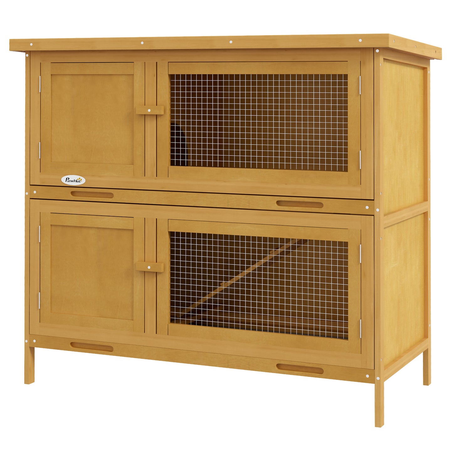Pawhut Double Decker Rabbit Hutch Bunny Cage Pet House Outdoor W/ Tray, Yellow
