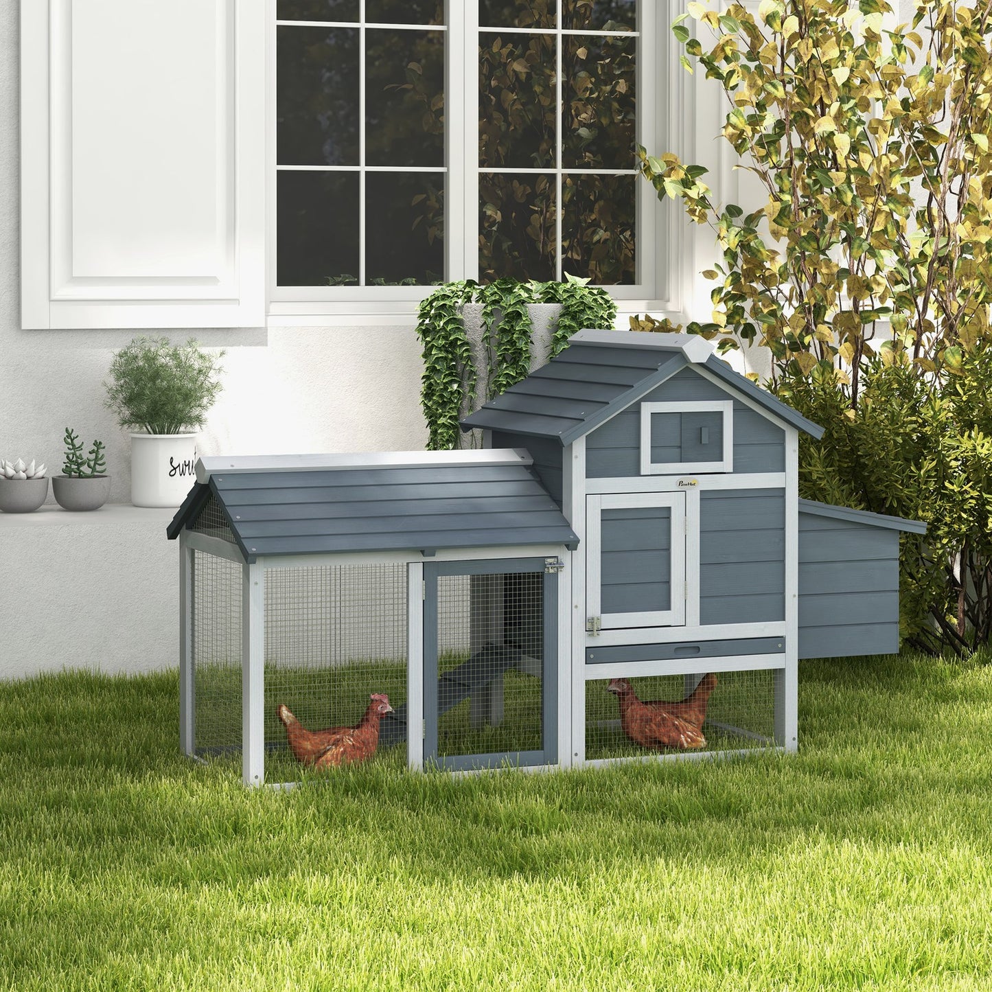 Pawhut Chicken Coop Hen Cage Small Animal Hutch Nesting Box Outdoor Run Grey