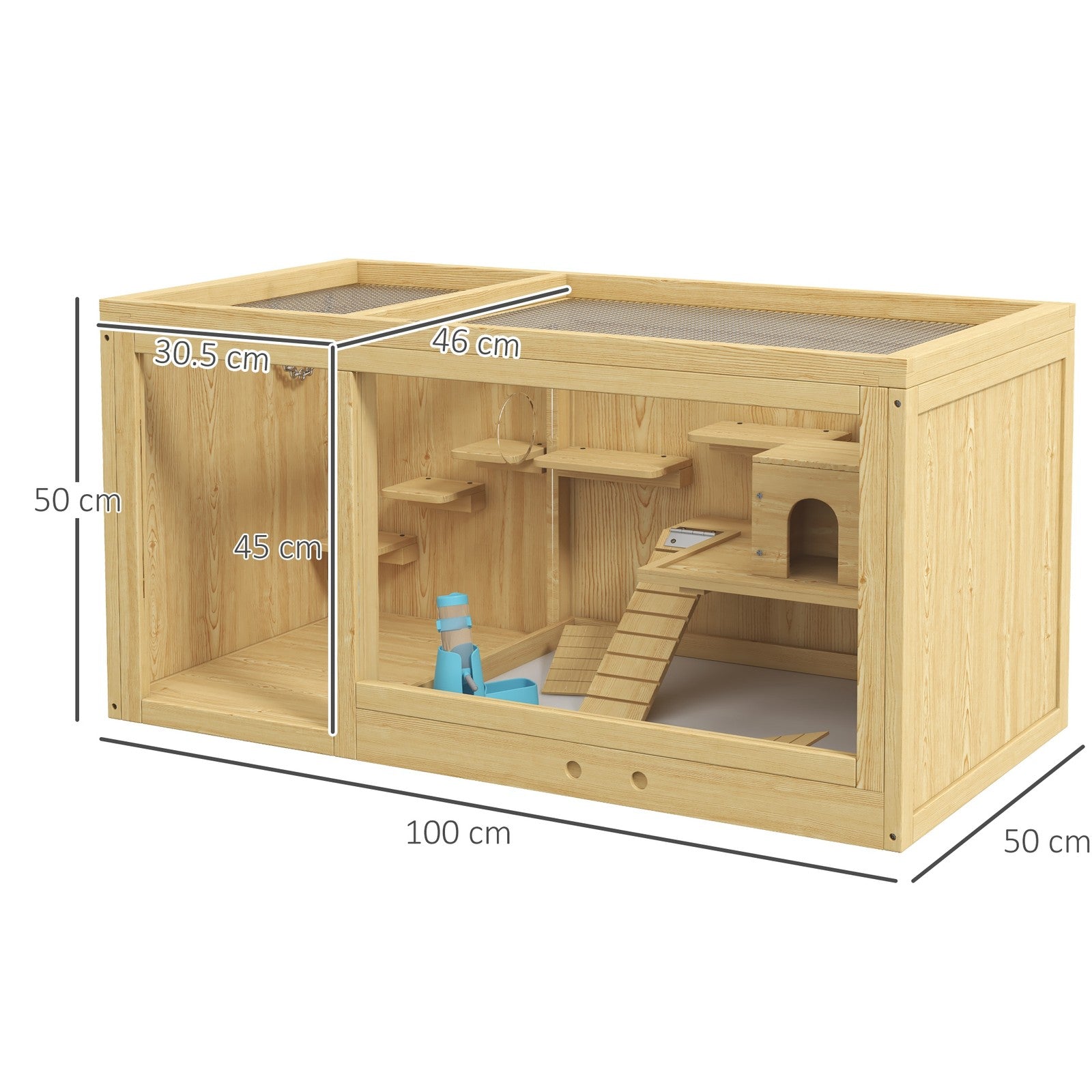 Pawhut Wooden Hamster Cage with Water Bottle, Platforms, Openable Roof