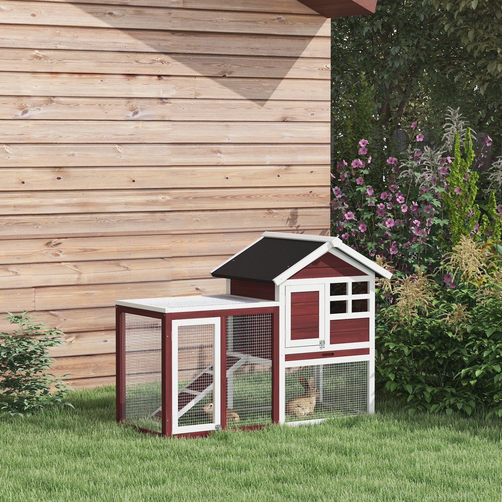 Pawhut 122Cm Wooden Rabbit Hutch Bunny Cage Pet House with Tray Ladder Run