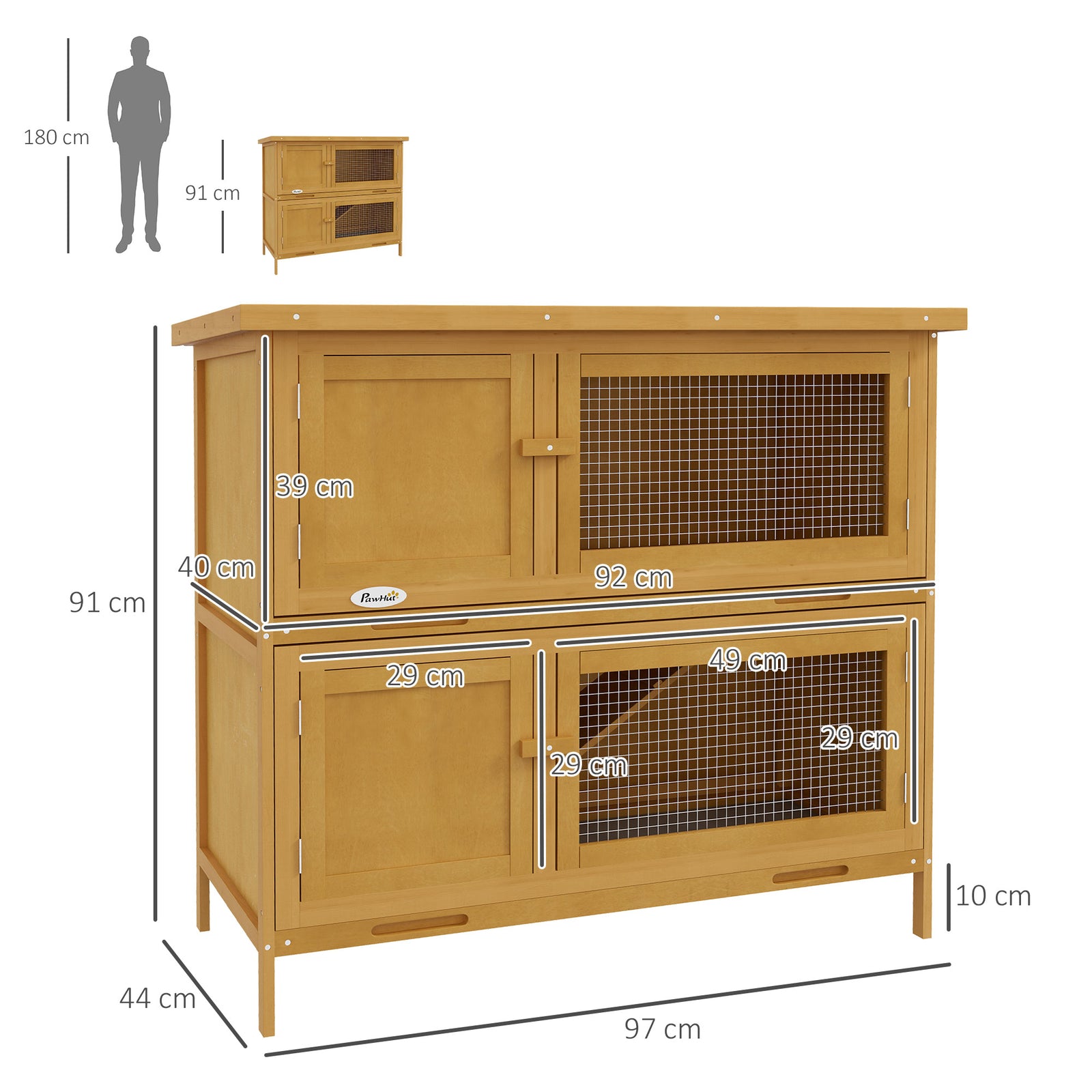 Pawhut Double Decker Rabbit Hutch Bunny Cage Pet House Outdoor W/ Tray, Yellow