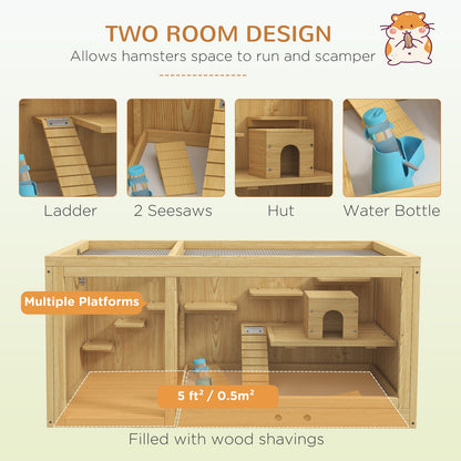 Pawhut Wooden Hamster Cage with Water Bottle, Platforms, Openable Roof