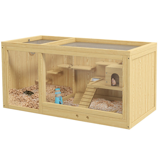 Pawhut Wooden Hamster Cage with Water Bottle, Platforms, Openable Roof