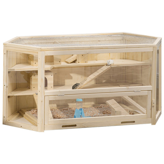 Pawhut 3 Tier Wooden Hamster Cage Gerbil Play Centre W/ Sliding Tray Ramps