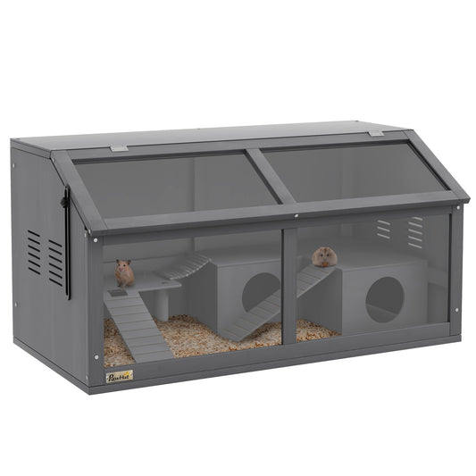 Pawhut Wooden Hamster Cage for Gerbils W/ Suspension Bridge, Ladders