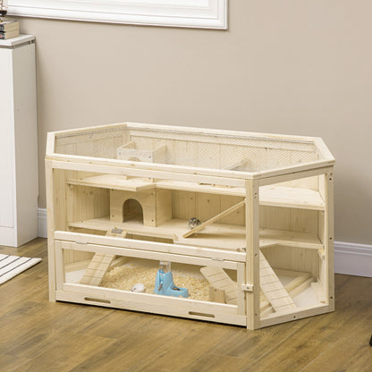 Pawhut 3 Tier Wooden Hamster Cage Gerbil Play Centre W/ Sliding Tray Ramps